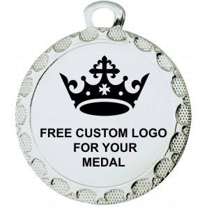 PACK OF 100 BULK BUY 32MM SILVER MEDALS, RIBBON AND CUSTOM LOGO **AMAZING VALUE**